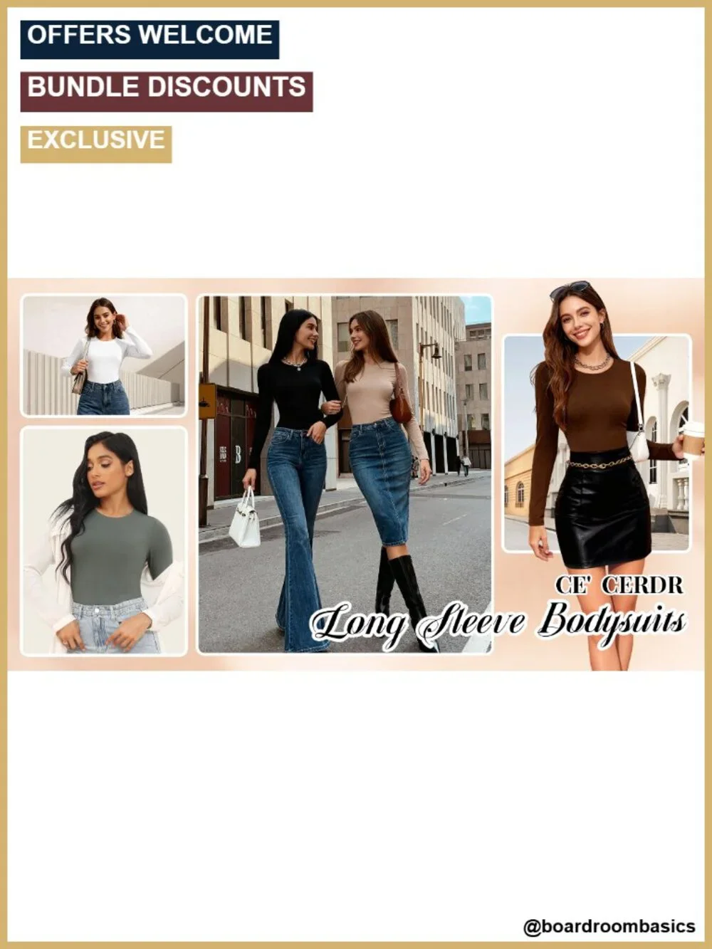 Women's Long Sleeve Ribbed Bodysuit 5 Pack Snap Closure Crew Neck